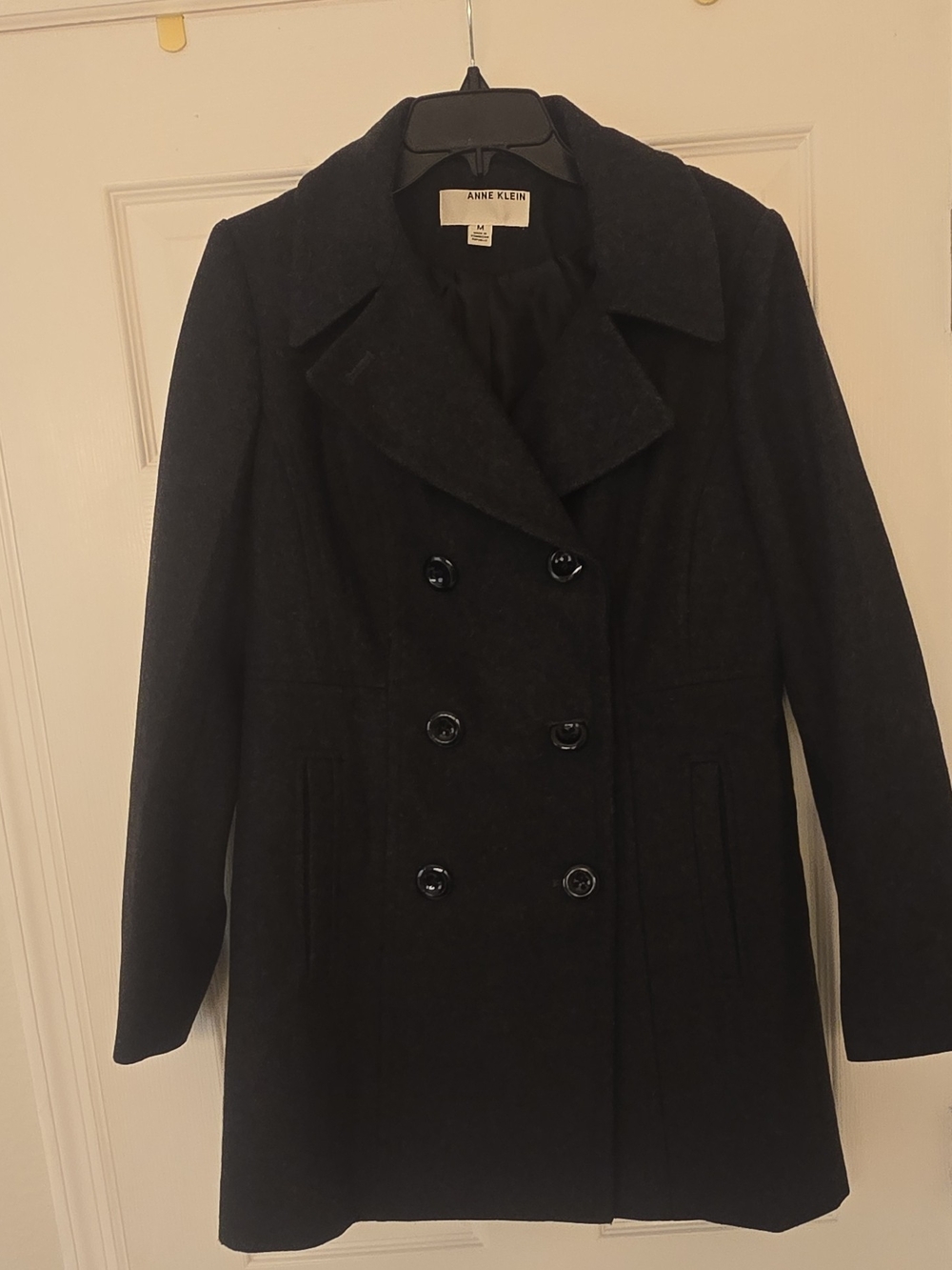 Anne Klein Women's Charcoal Gray Pea Coat  Double Breasted Mid-Length Lined Med